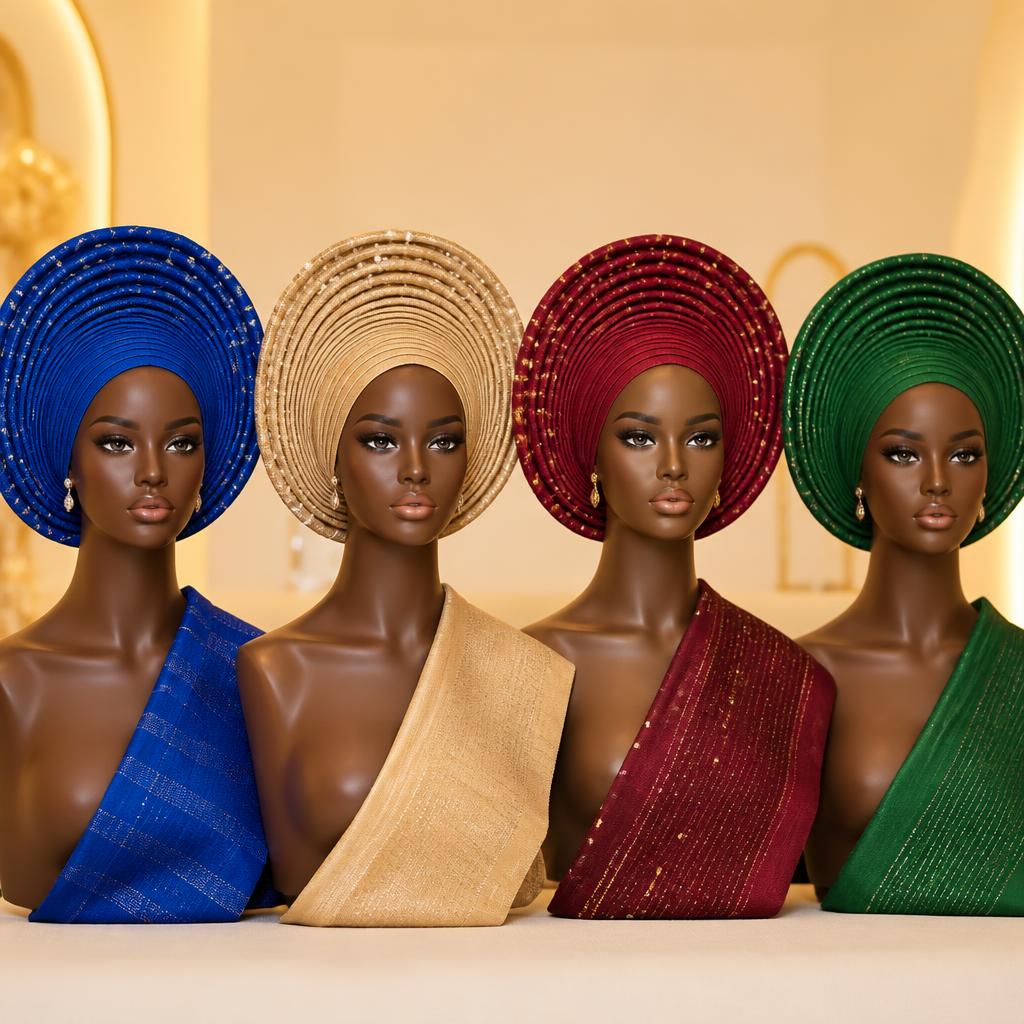 Set of four ready-to-wear Nigerian auto geles in royal blue, gold, red and green on mannequin heads
