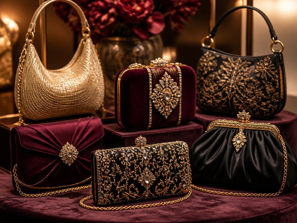 Gold, burgundy and black jeweled evening clutches and purses on plum velvet