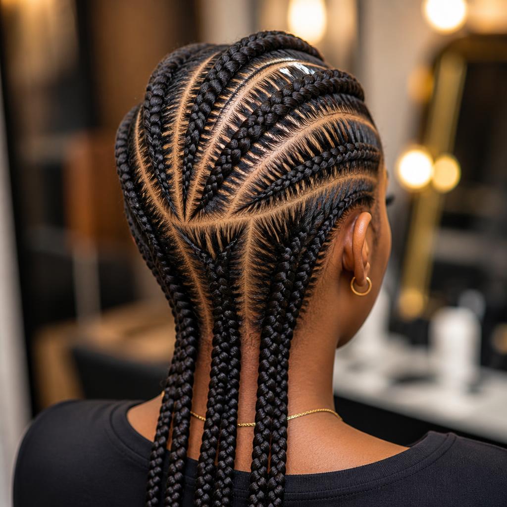 Intricate feed-in cornrow braid pattern