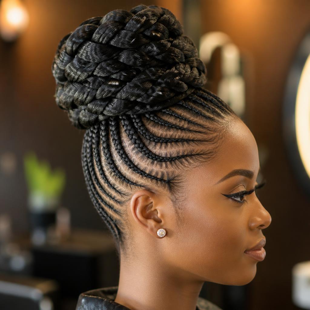 Braided updo bun with Ghana weaving