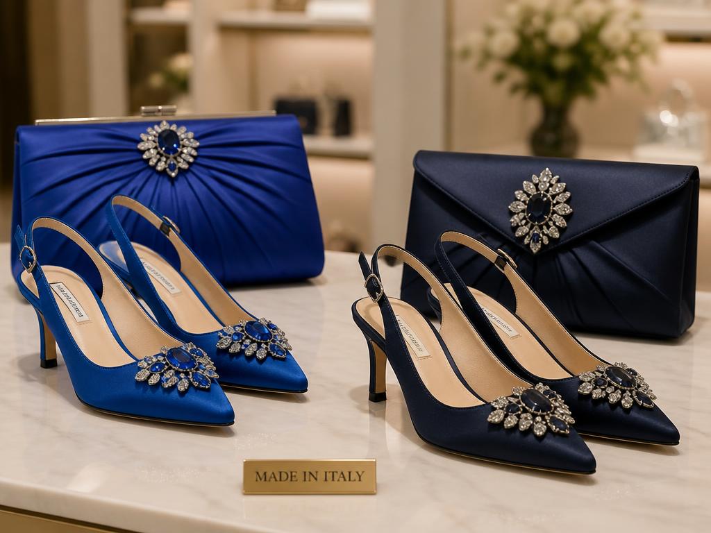 Royal blue and navy Italian heels with matching satin clutches