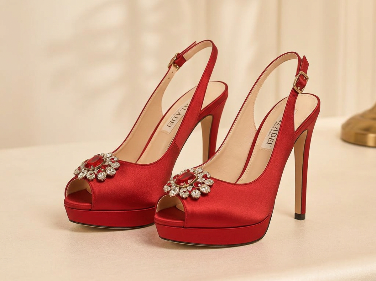 Red satin jeweled Italian women's peep-toe heels